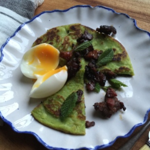Green Pea pancake with Treacle Lardons and Soft Egg