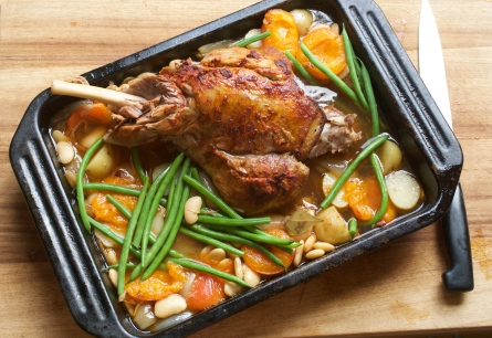 Leg of lamb with apricots and butter beans