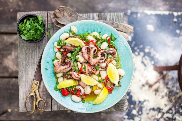 Spanish style butter bean and squid salad